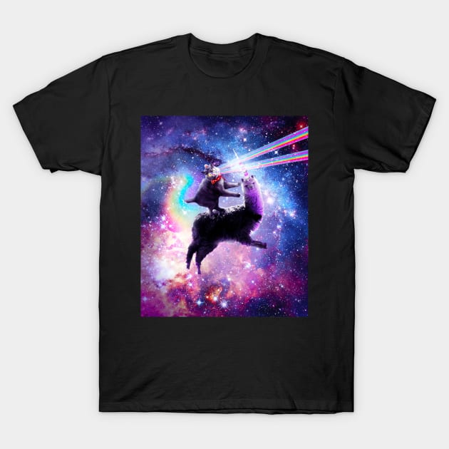 Laser Eyes Outer Space Cat Riding On Llama Unicorn T-Shirt by Random Galaxy